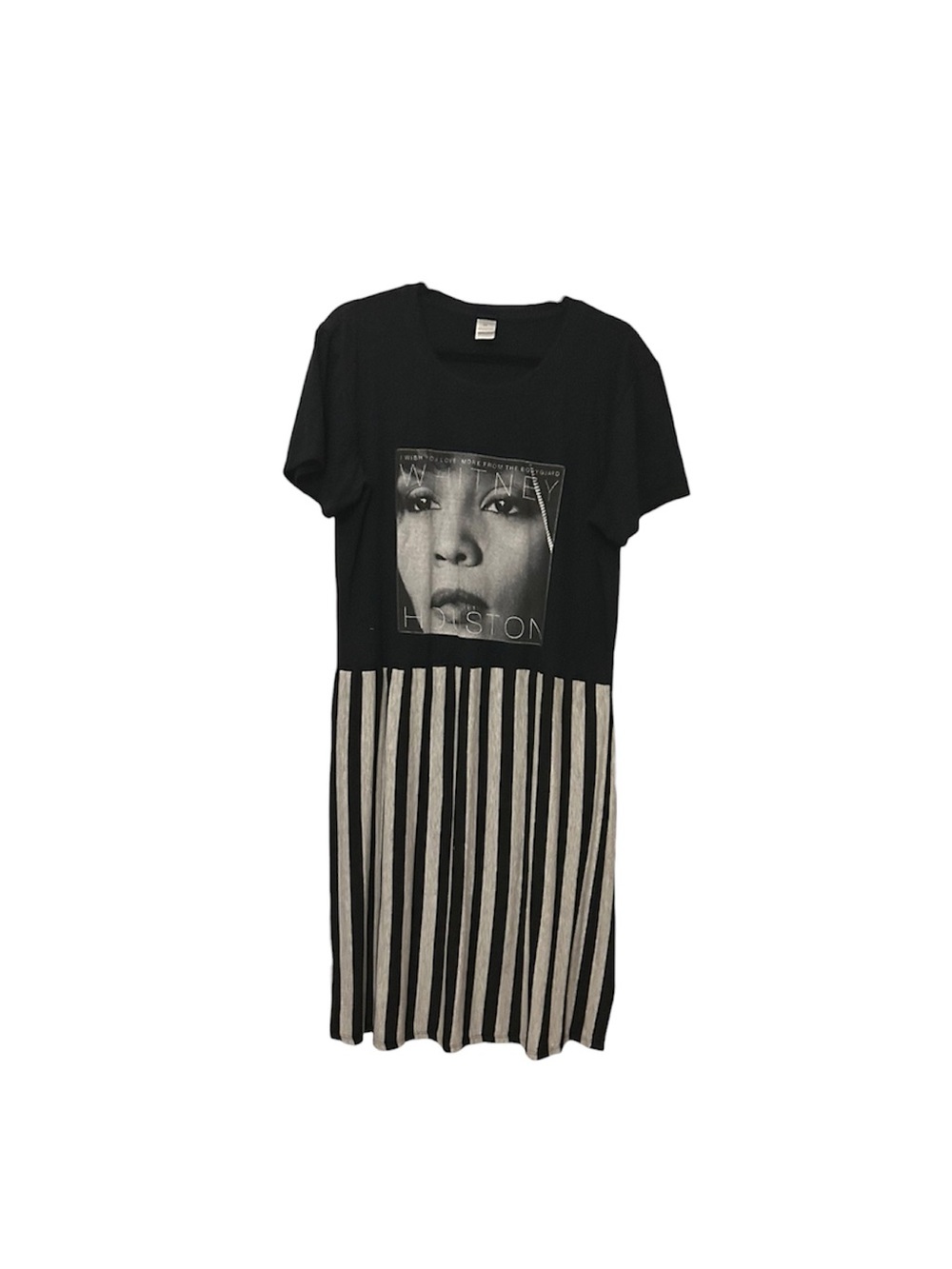 Whitney Houston Upcycled Tee Dress with Striped Skirt and pockets S/M